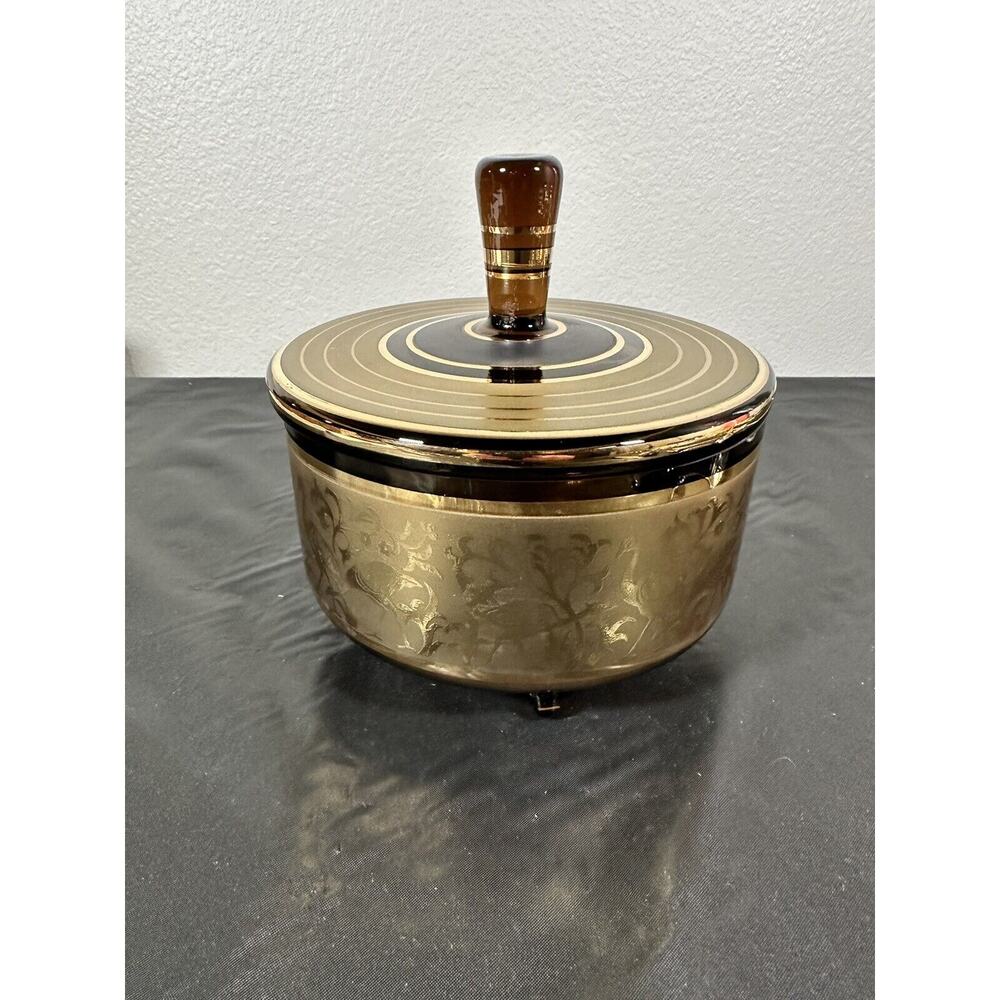 Vintage Lipper & Mann Brown Glass And Gold Gilded Flamingos Footed Dish With Lid